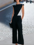 Asymmetric Contrast Panel Sleeveless Wide-Leg Set