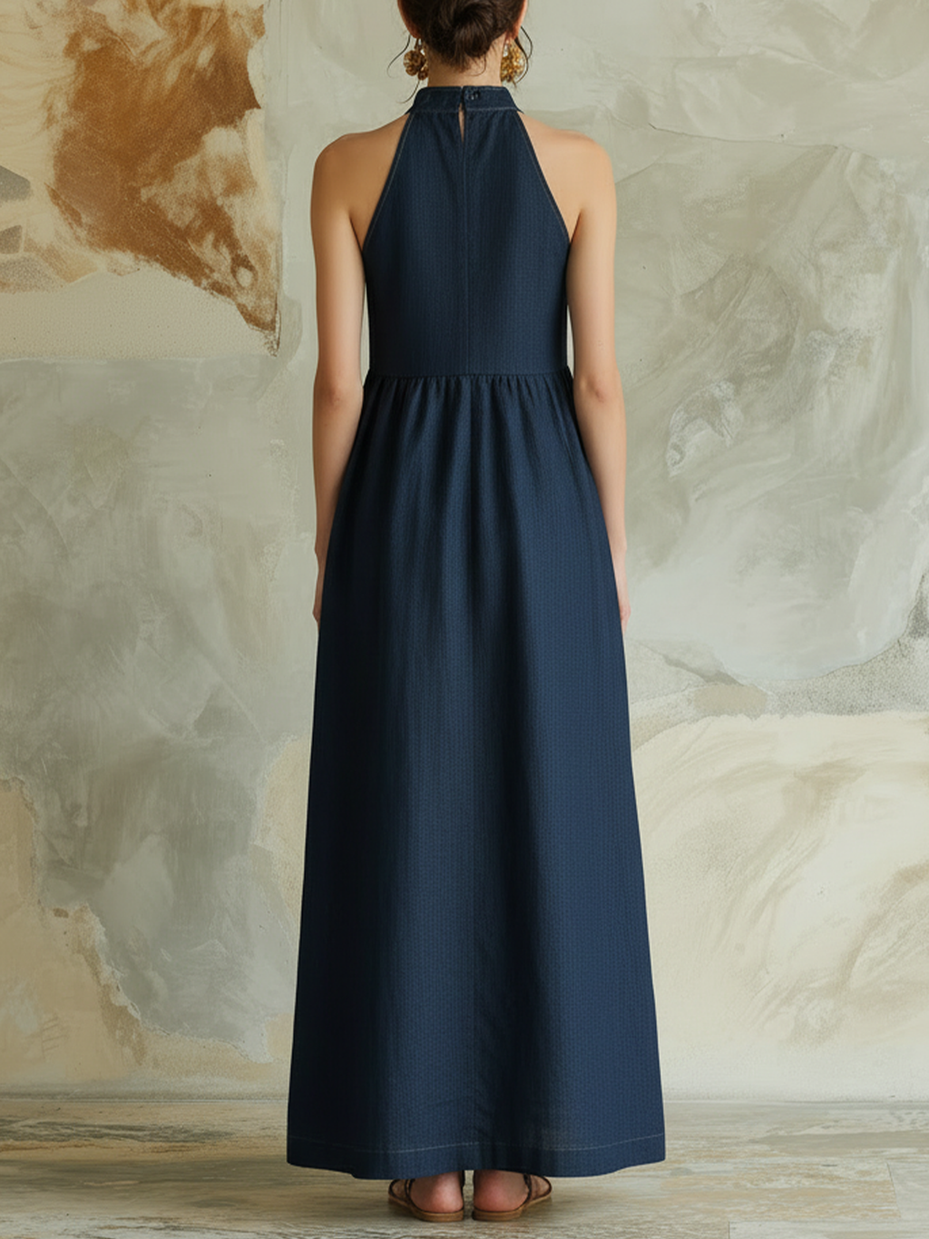 Halter Neck Color Block Denim Maxi Dress