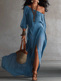 Bohemian One-Shoulder Flowing Slit Maxi Dress