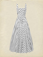 Maxi Cotton Dress , Sleeveless, Square Neck, Polka Dots, Suspenders, Vintage, White