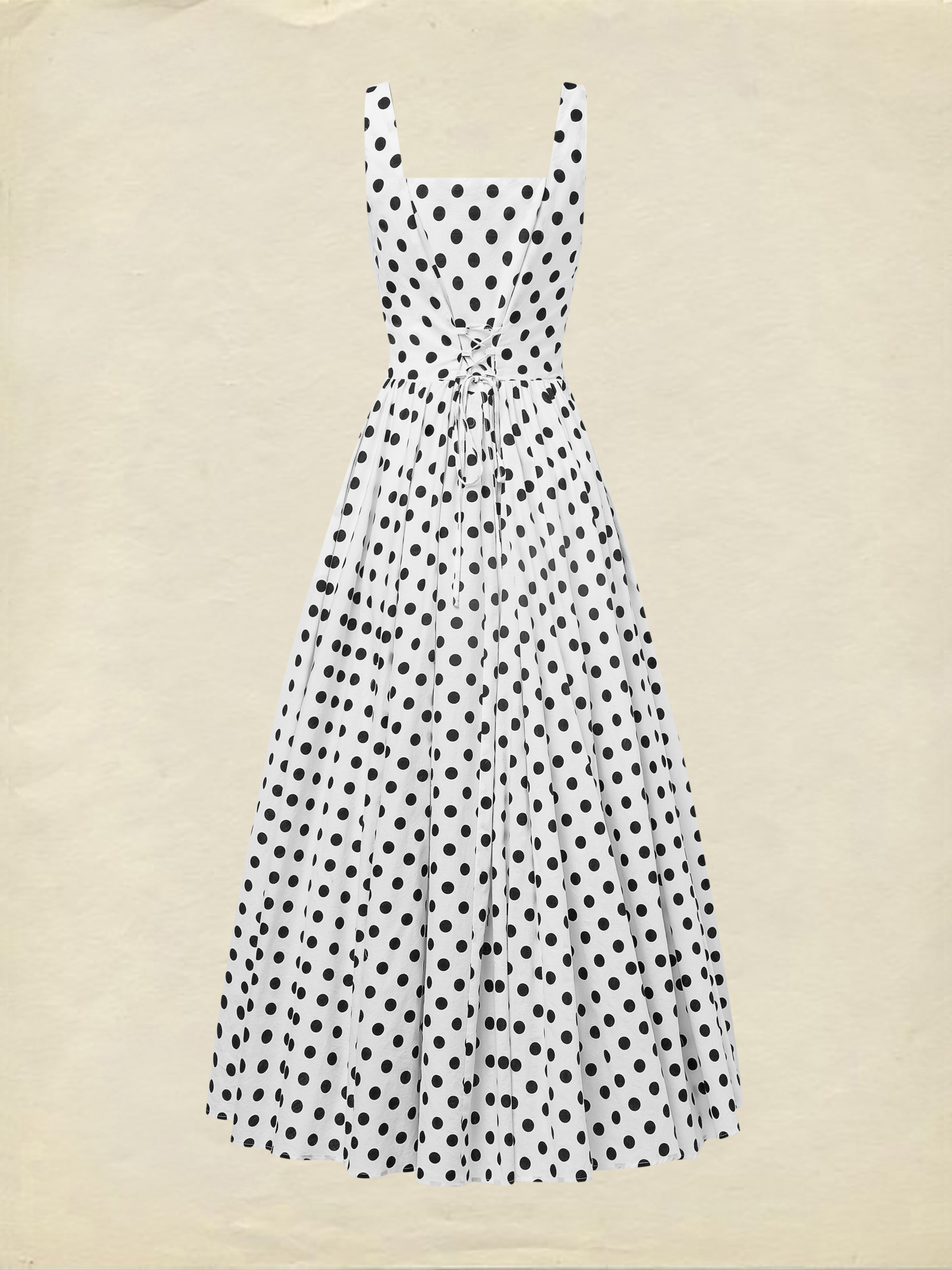 Maxi Cotton Dress , Sleeveless, Square Neck, Polka Dots, Suspenders, Vintage, White