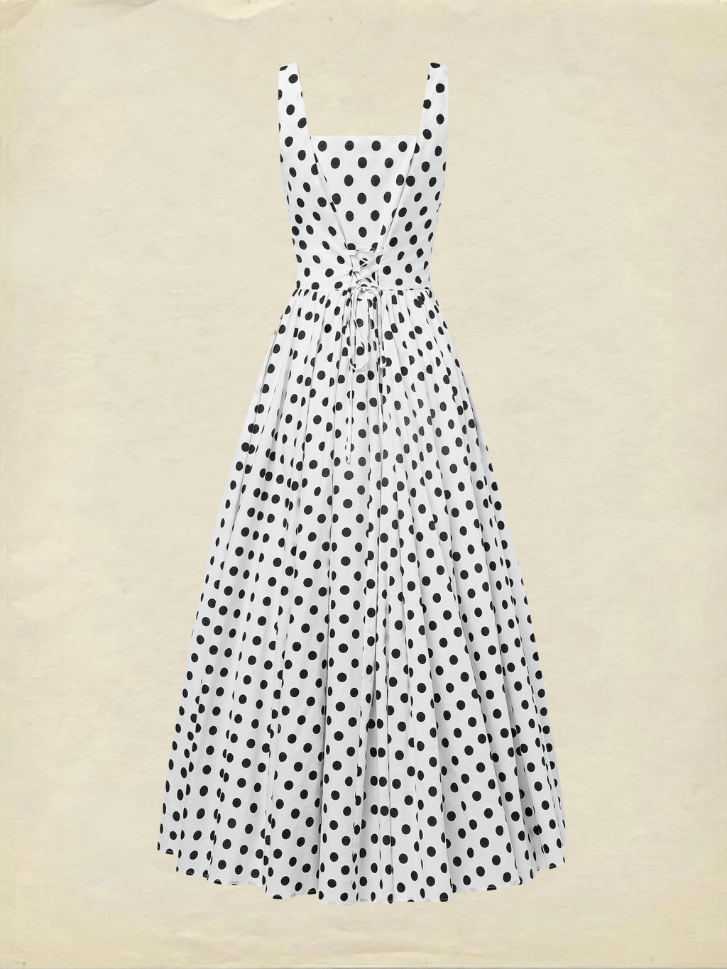 Maxi Cotton Dress , Sleeveless, Square Neck, Polka Dots, Suspenders, Vintage, White