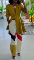 Mustard Cinched Blazer & Geometric Print Wide Leg Pants Set