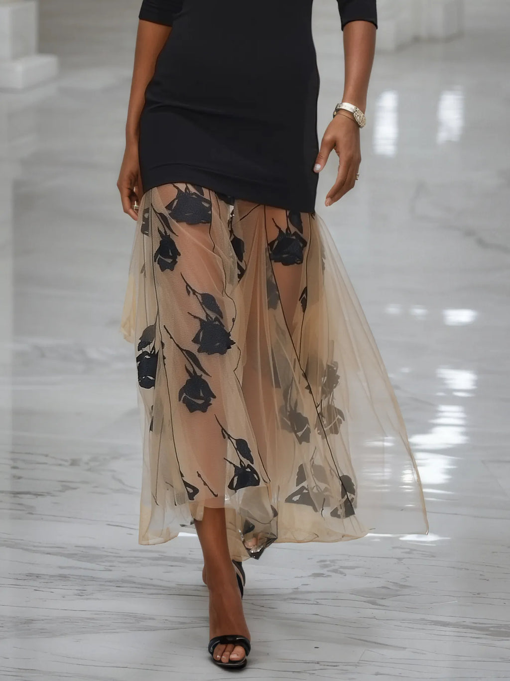 Black Floral Rose Knit Off The Shoulder Half Sleeve Mermaid Maxi Dress