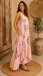 Rose Floral Sleeveless Linen-Blend Maxi Dress