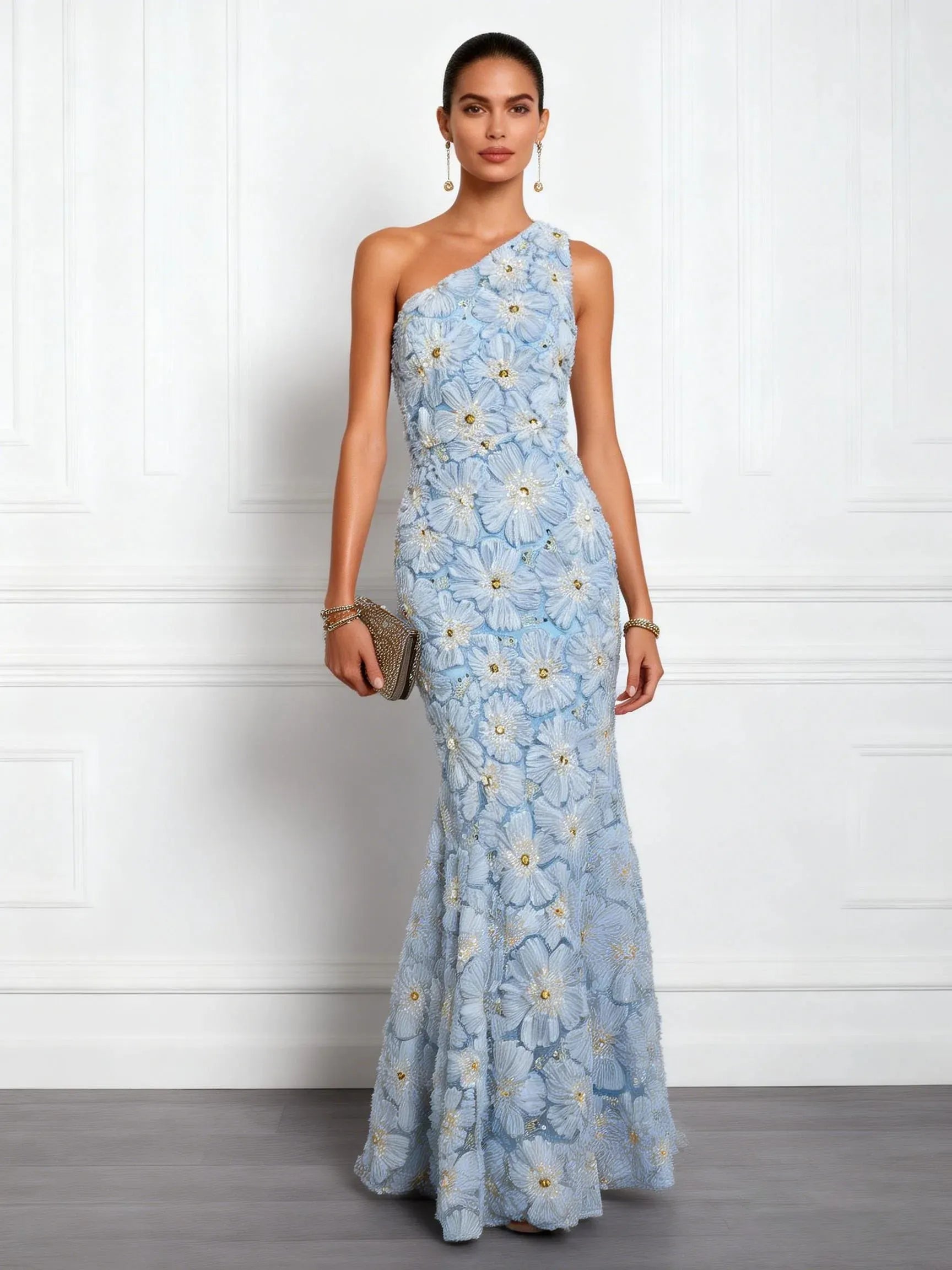 Light Blue Jacquard Beaded 3D Floral Lace One Shoulder Sleeveless Mermaid Gown Dress
