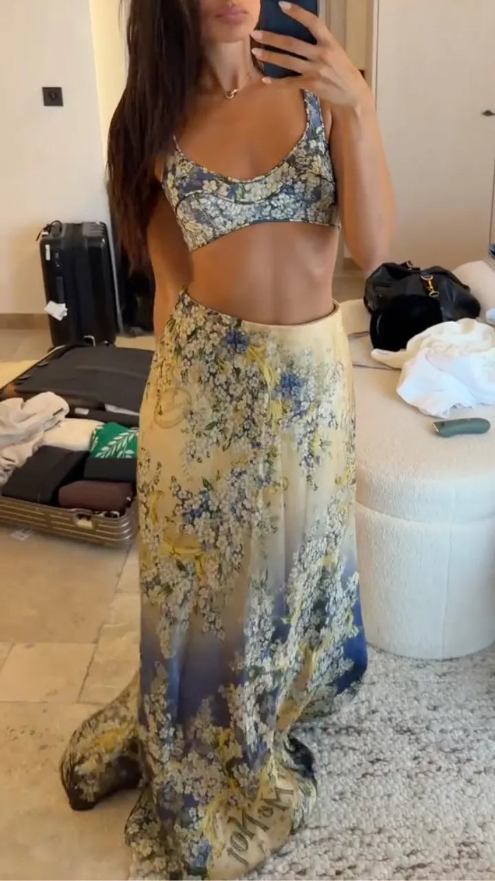 Vintage Floral Gradient Satin Two Piece Matching Set