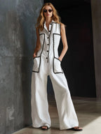 Casual Retro Lace-trimmed White Cotton And Linen Sleeveless Wide-leg Jumpsuit