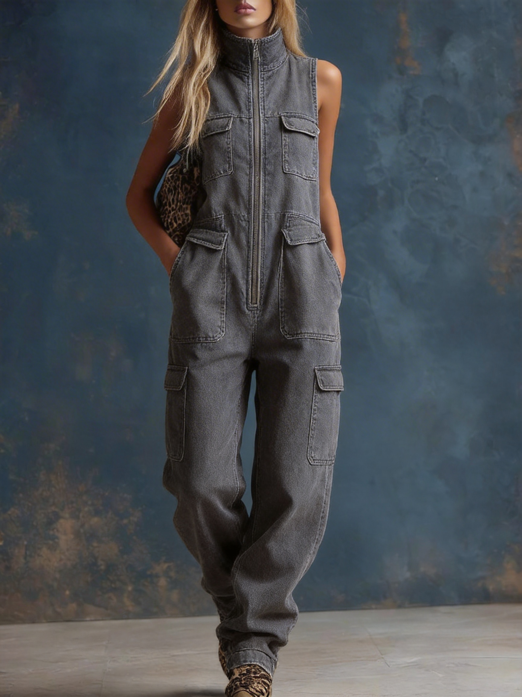 Stylish Silhouette White Denim Sleeveless Jumpsuit
