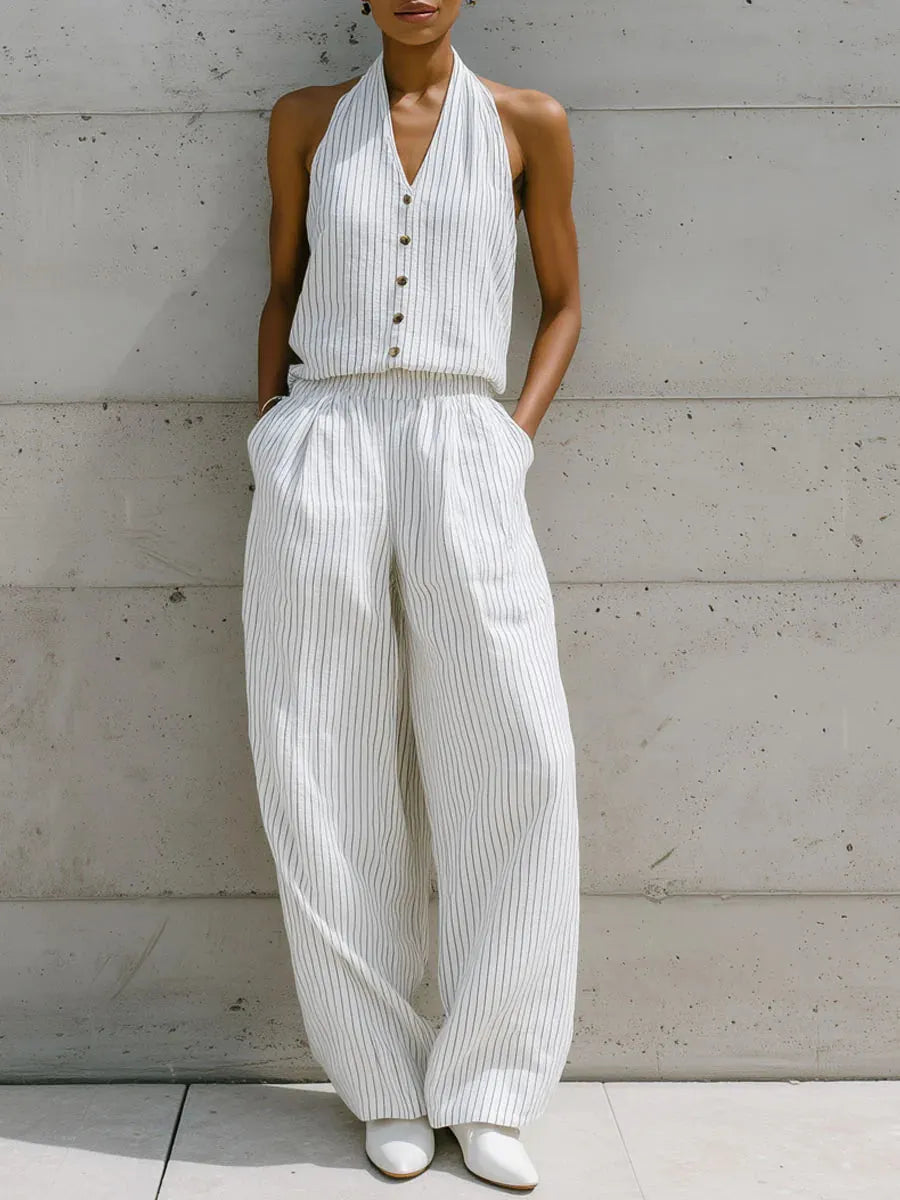 Casual Sleeveless Striped Linen And Cotton Top And Pants Two-piece Set