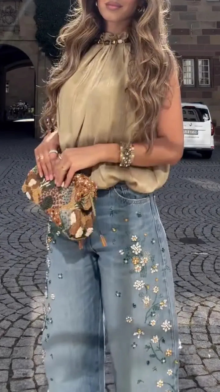 Satin Halter Top & Floral Embroidery Wide Leg Denim Jeans