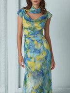 Elegant Draped Cowl Neck Blue Yellow Impressionist Print Dress
