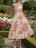 Maxi Cotton Dress, Sleeveless, Sweetheart Neck, Floral, Suspenders, Vacation, Vintage, Apricot