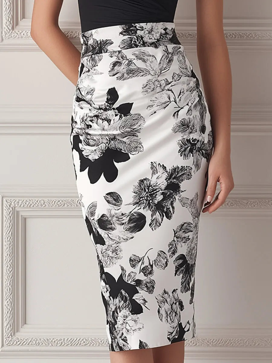 Black Surplice V-Neck Top & Floral Print Pencil Skirt Two-Piece Set
