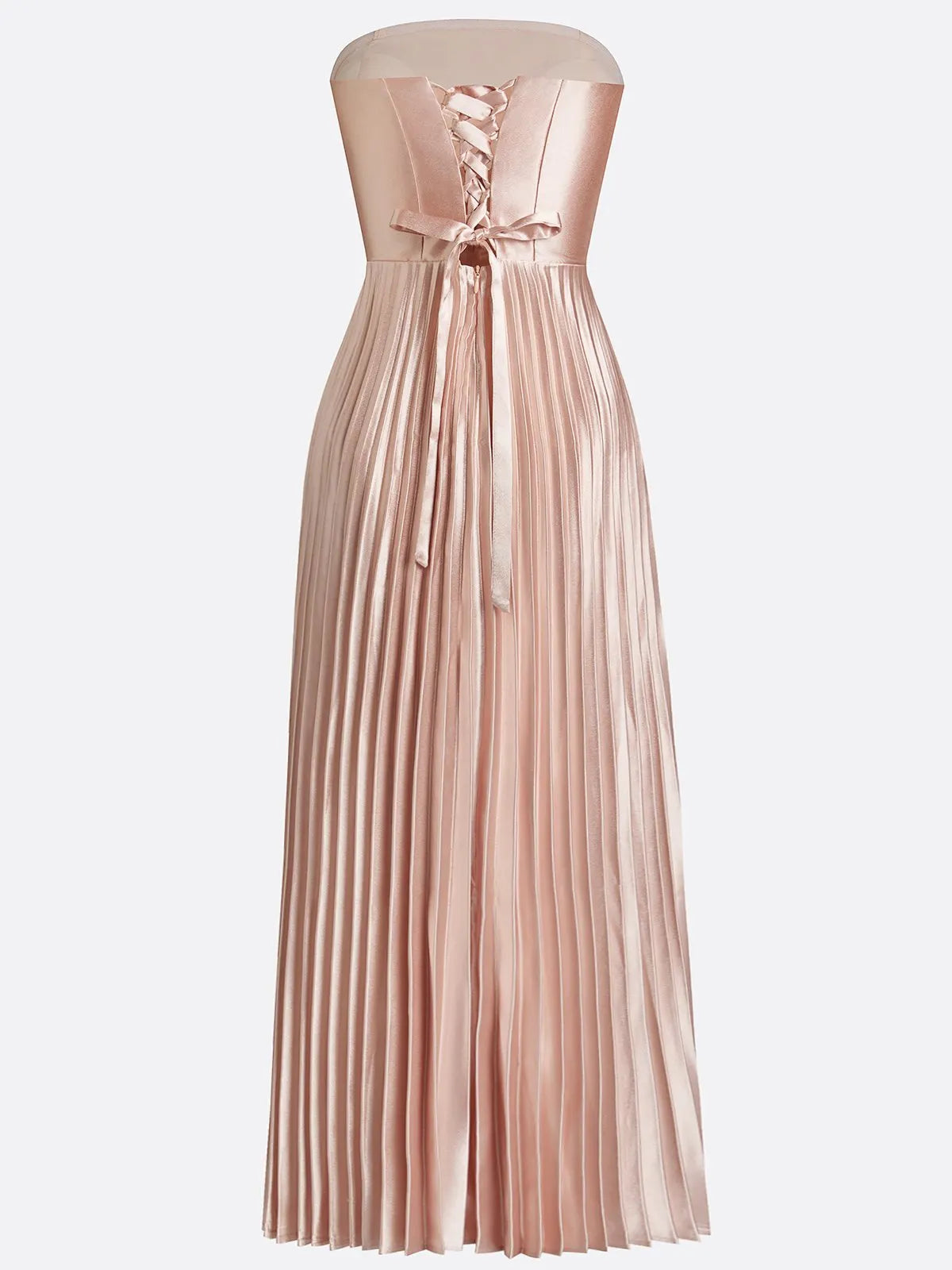 Rose Gold Pink Pleated Satin Strapless Sleeveless A-Line Midi Dress