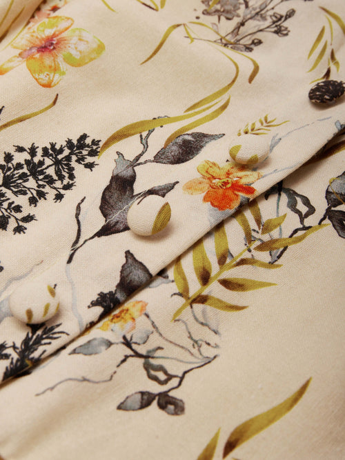 Linen Maxi Dress, Half Sleeve, V neck, Floral, Vintage, Summer