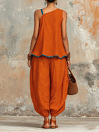 Burnt Orange Asymmetric Linen Two-Piece Set With Blue Trim