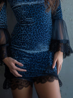 Midnight Blue Velvet Leopard Print Cocktail Dress