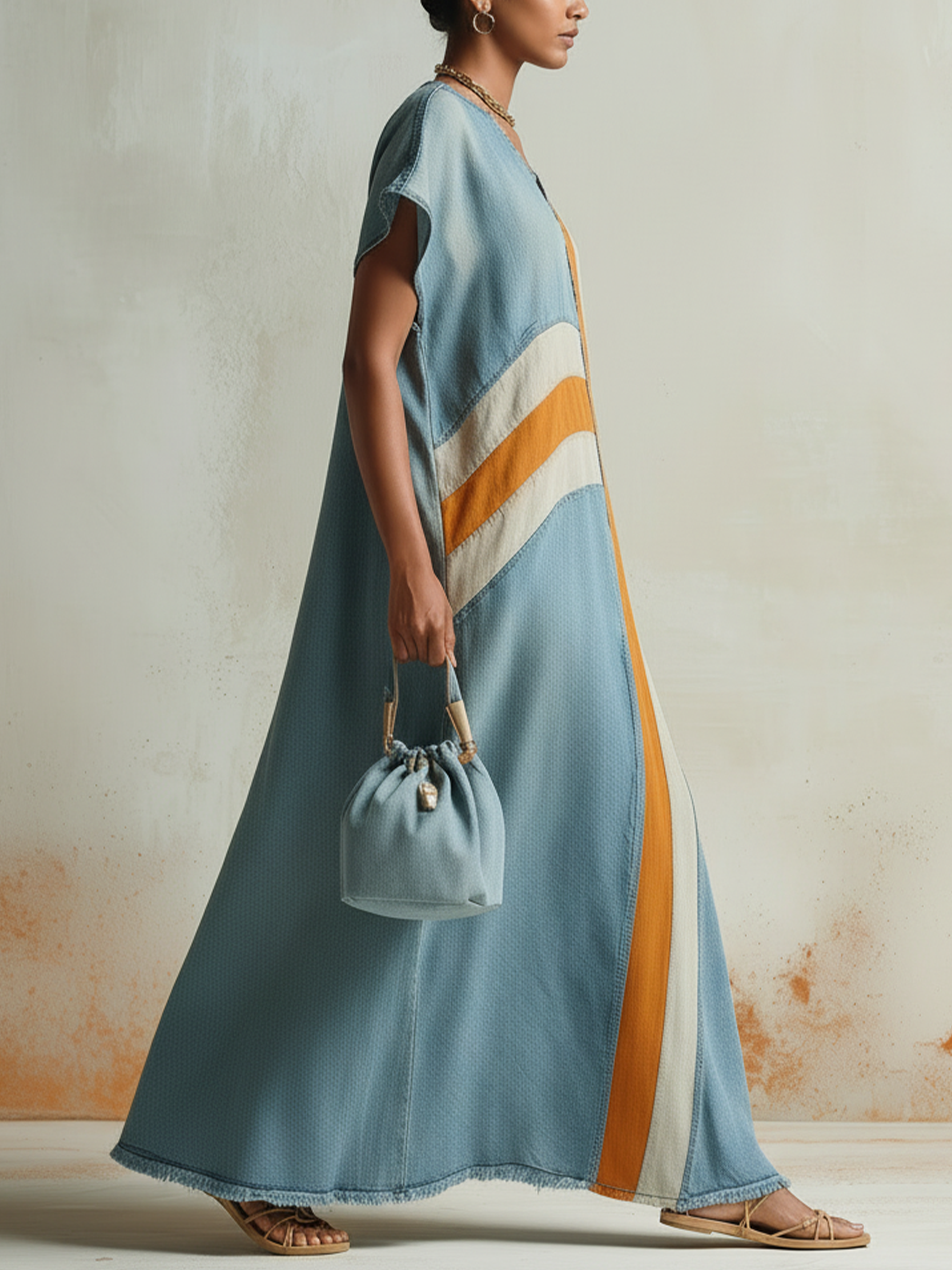 Color Block Denim Caftan Maxi Dress