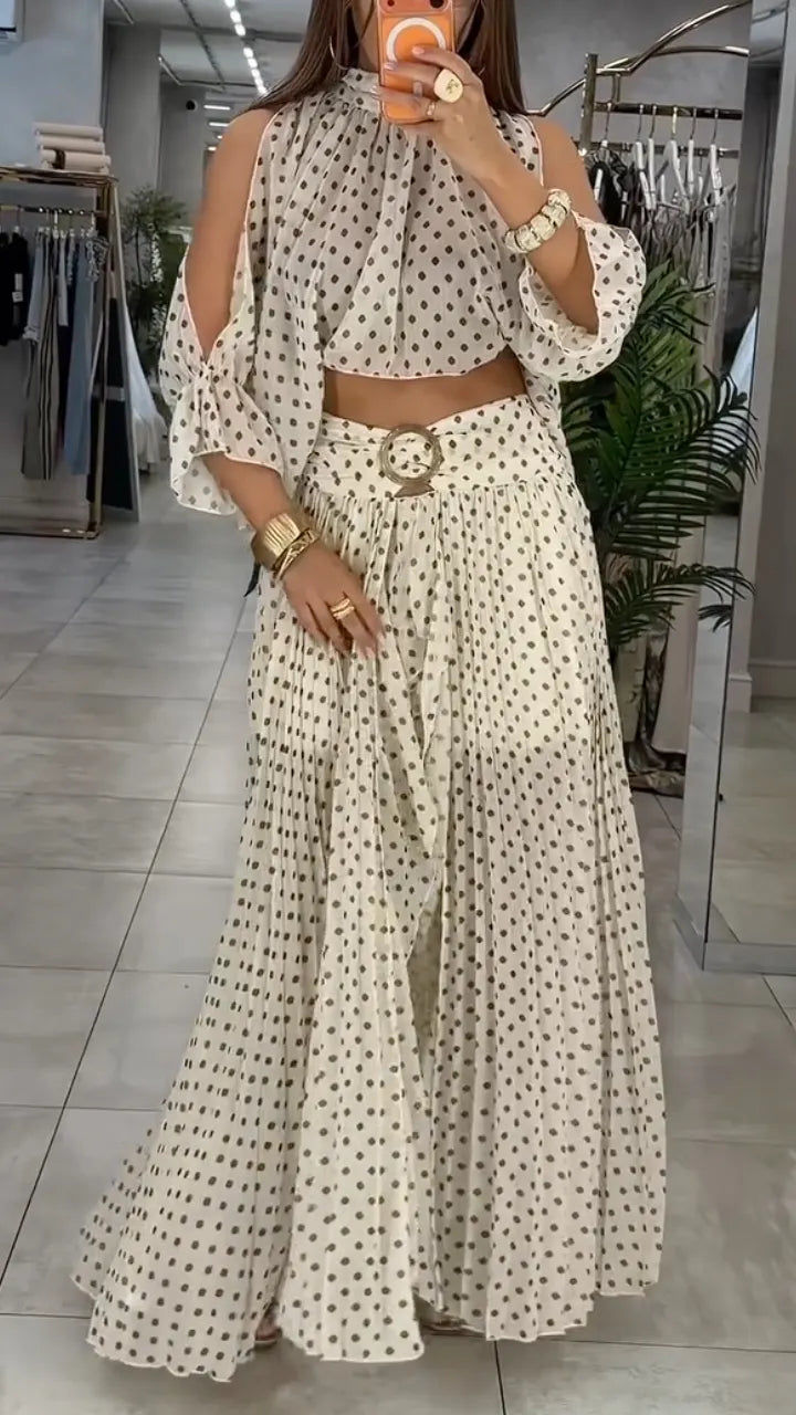 Polka Dot Halter Crop Top & Pleated Maxi Skirt Set