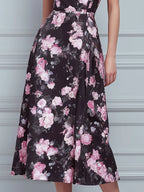 Black Pink Floral Square Neck Sleeveless A-Line Midi Dress