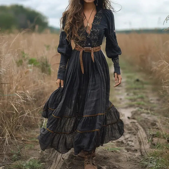 Vintage V-Neck Linen Women's Long-Sleeved Country Concert Dress 9954