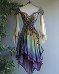 Summer Viking Tribal Celtic Tree of Life Gradient Lace Splicing Ruffle Dress 00f8