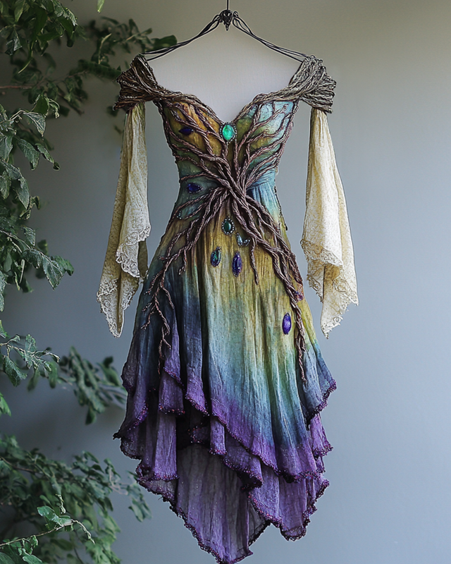 Summer Viking Tribal Celtic Tree of Life Gradient Lace Splicing Ruffle Dress 00f8