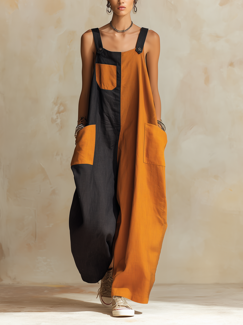 Two-Tone Patchwork Linen-Blend Overalls