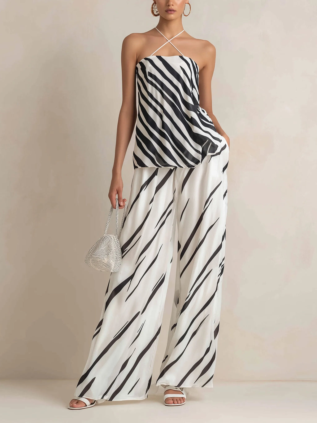 Abstract Stripe Halter Top & Wide-Leg Pants Set