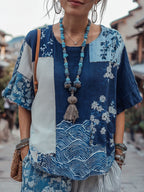 Women's Japanese Traditional Sashiko And Wave Patchwork Art Linen Short-sleeved Top