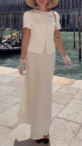 Short Sleeve Button Tops & Flowy Midi Skirt Two Piece Set