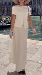 Short Sleeve Button Tops & Flowy Midi Skirt Two Piece Set