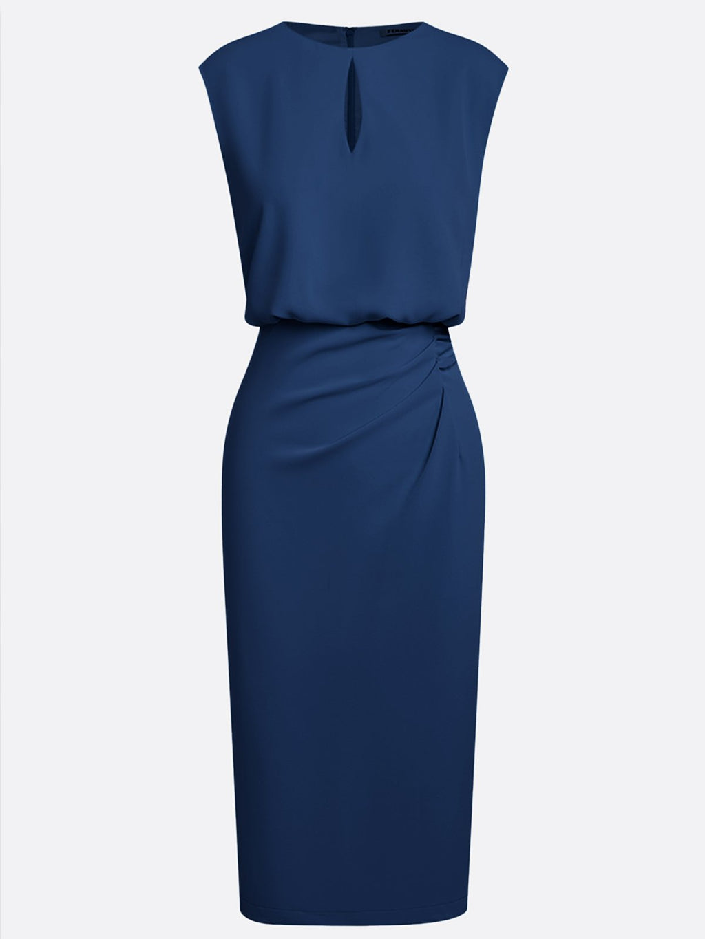 Purplish Blue Ruched Cut Out Classic Crew Neck Cap Sleeve Sheath Midi Dress