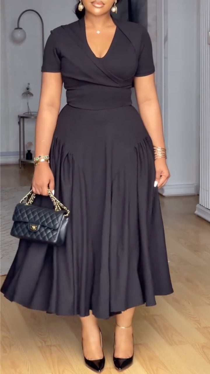 Wrap V‑Neck Midi Flare Dress