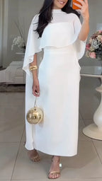 High Neck Cape Sleeve Layered Midi Dress