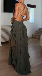 Olive Ruffle Backless Slit Maxi Dress
