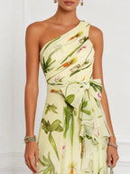 Yellow Floral Bow Chiffon One Shoulder Sleeveless A-Line Maxi Dress