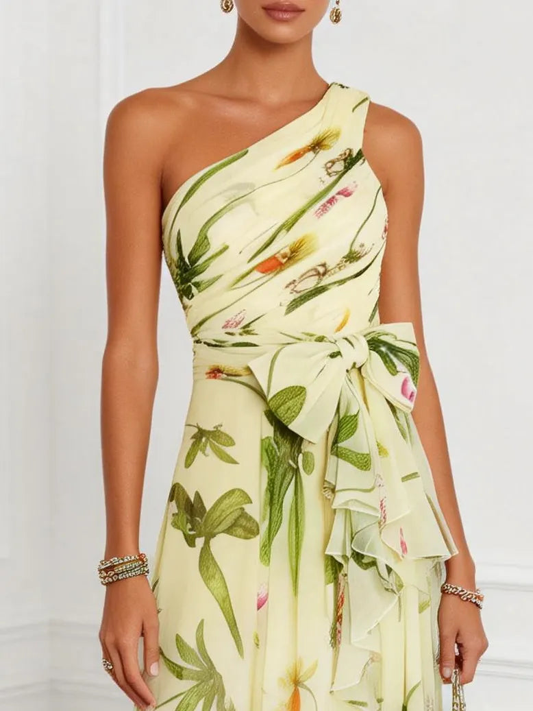 Yellow Floral Bow Chiffon One Shoulder Sleeveless A-Line Maxi Dress