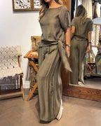 Olive Green Linen Tie Side Two Piece Lounge Set