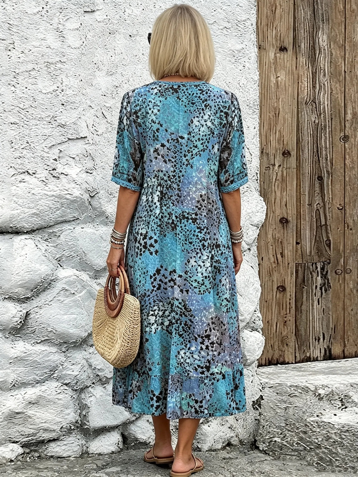 Vacation DRESS Women's Short Sleeve Summer Leopard Lace Dress V Neck Daily Going Out Casual Knee Length A-Line Khaki