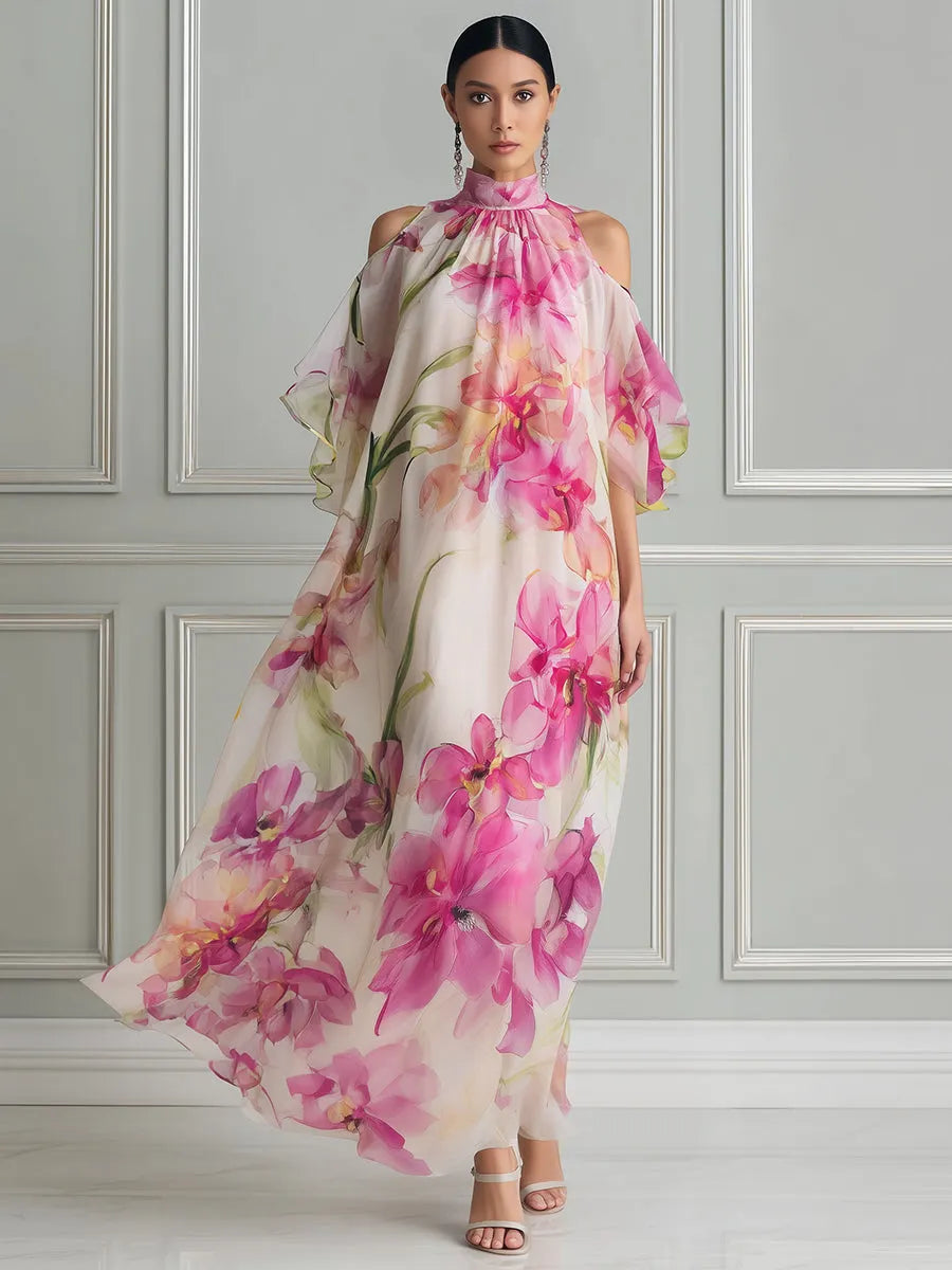 Floral Watercolor High-Neck Cold-Shoulder Maxi Dress