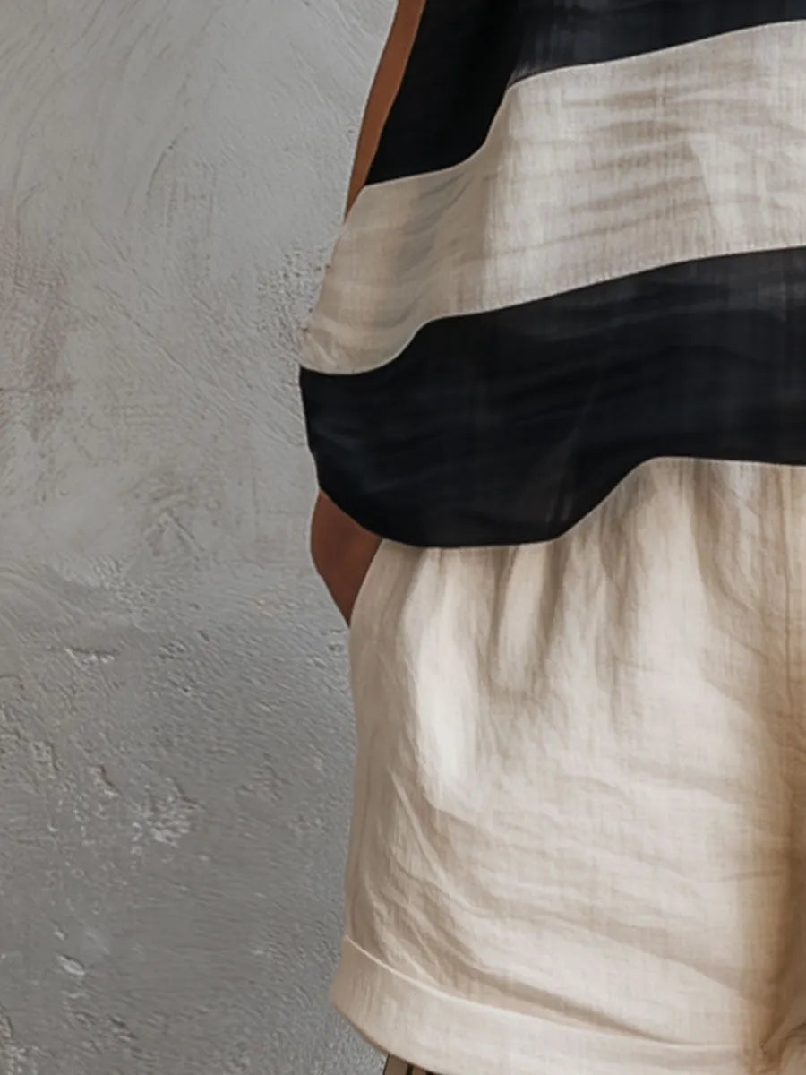 Casual Retro Striped Sleeveless Chiffon Blouse And White Cotton Linen Shorts Set
