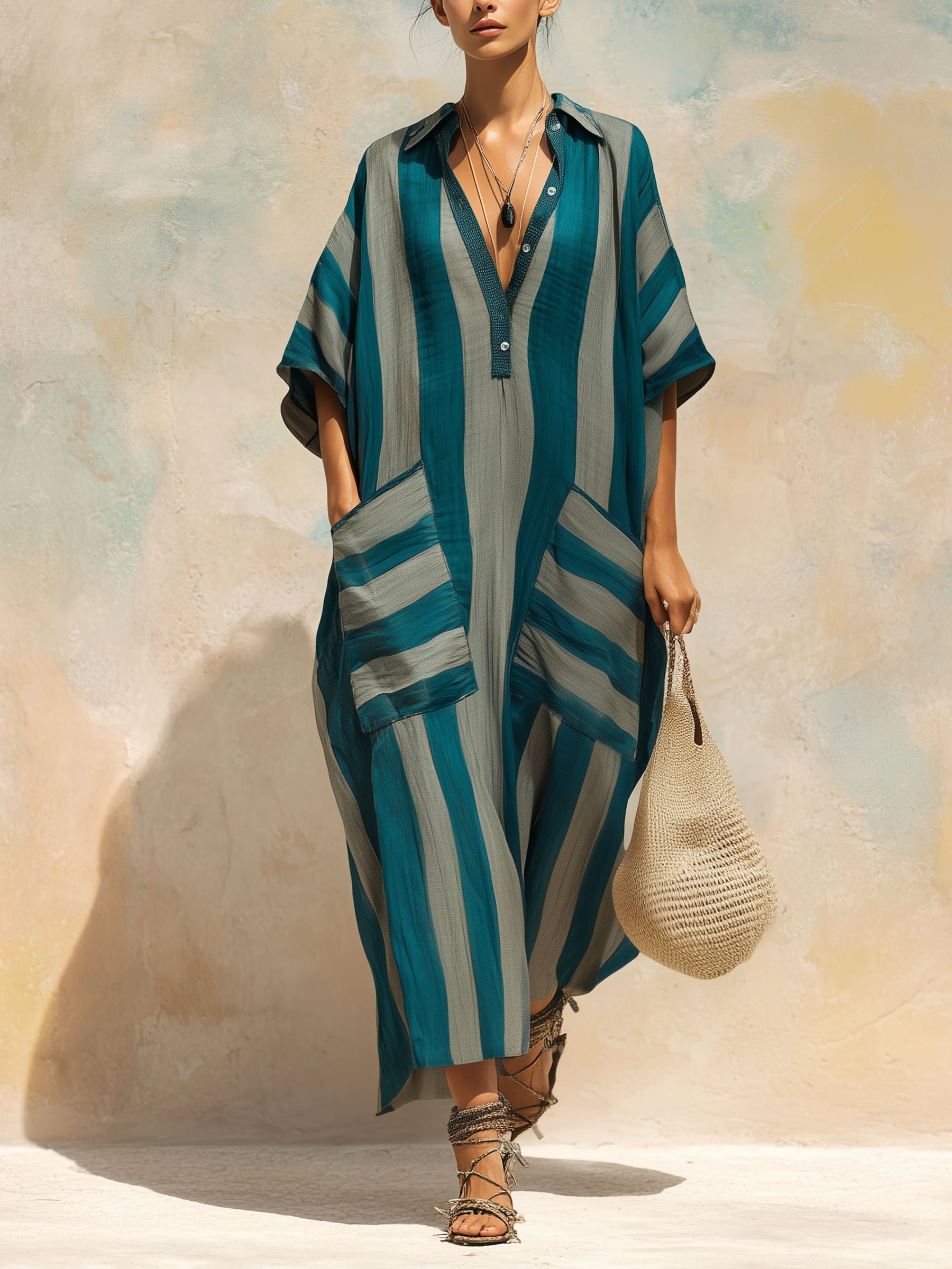 Teal Striped Linen-Blend Kaftan Maxi Dress | Effortless Boho Chic