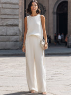 Pleated Sleeveless Relaxed Top And Wide-Leg Pants Set