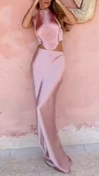 Sleeveless Mock Neck Crop Top & Maxi Mermaid Skirt Set