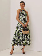 Green Floral Hollow Out Chiffon Halter Crew Neck Sleeveless A-Line Maxi Dress