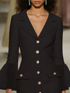 Black Buckle Mesh Tweed Lapel Collar Long Sleeve Bell Sleeve Sheath Midi Dress