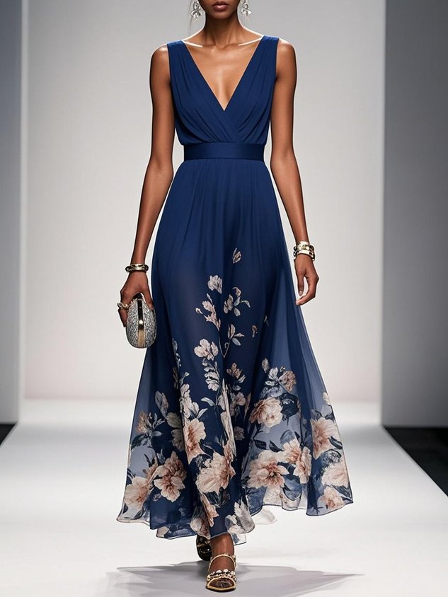 Navy Blue Floral Mesh V Neck Sleeveless A-Line Maxi Dress