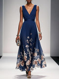 Navy Blue Floral Mesh V Neck Sleeveless A-Line Maxi Dress